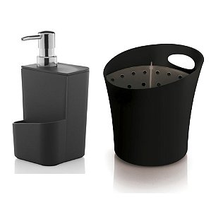 Kit Cozinha Dispenser Porta Detergente + Escorredor Suporte Talheres Pia - Ou - Preto