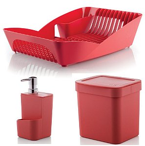 Kit Cozinha Escorredor De Louças Pratos + Porta Detergente + Lixeira 2,5L - Ou - Vermelho