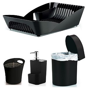 Kit Cozinha Escorredor Louças e Talheres + Porta Detergente + Lixeira 3,5L - Ou - Preto