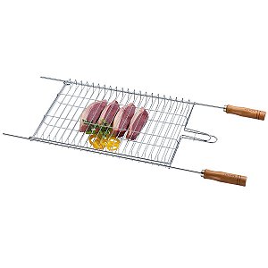 Grelha Dupla Aramado Churrasco 84x35cm Aço Assado Peixe Carne Cabo Madeira - 267 Future