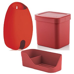 Kit Cozinha Organizador Pia Detergente + Dispenser Porta Sacolas + Lixeira 2,5L - Ou - Vermelho