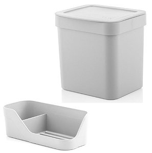 Kit Cozinha Trium Organizador Pia Porta Detergente Esponja + Lixeira 4,7 Litros - Ou - Branco