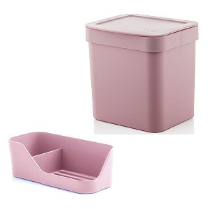 Kit Cozinha Trium Organizador Pia Porta Detergente Esponja + Lixeira 4,7 Litros - Ou - Rosa