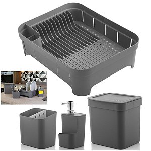 Kit Cozinha Trium Escorredor Louça + Porta Talheres + Dispenser Detergente + Lixeira - Ou - Chumbo