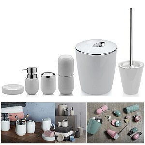 Kit 6pçs Banheiro Porta Escova / Algodão + Dispenser + Saboneteira + Lixeira + Escova Sanitária - Ou - Branco