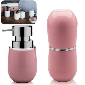 Kit Acessórios Banheiro Suporte Porta Escovas + Dispenser Porta Sabonete liquido - Ou - Rosa