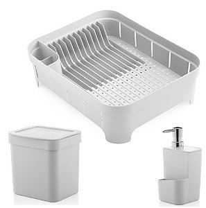 Kit Cozinha Trium Escorredor De Louças + Lixeira 2,5L + Dispenser Detergente - Ou - Branco