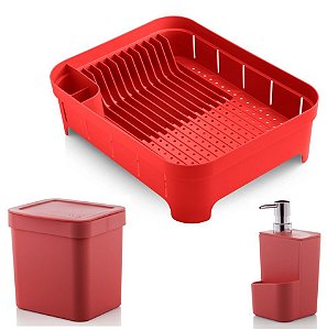 Kit Cozinha Trium Escorredor De Louças + Lixeira 2,5L + Dispenser Detergente - Ou - Vermelho