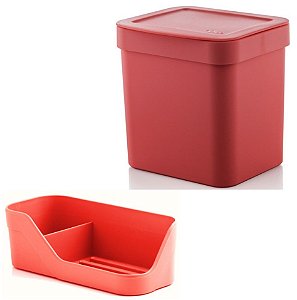 Kit Organizador Pia Porta Detergente Esponja + Lixeira 2,5 Litros Cozinha Trium - Ou - Vermelho