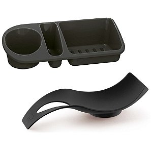 Kit Organizador Porta Detergente Líquido + Suporte Descanso Colher Talher Pia Cozinha - Uz - Preto