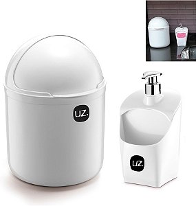 Kit Cozinha Lixeira 4 Litros Tampa Capacete + Dispenser Pia Porta Detergente - Uz - Branco