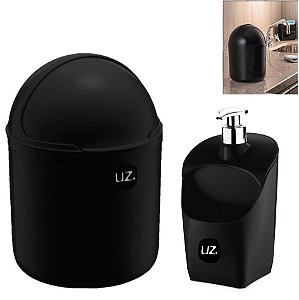 Kit Cozinha Lixeira 4 Litros Tampa Capacete + Dispenser Pia Porta Detergente - Uz - Preto