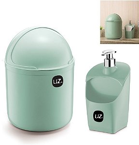 Kit Cozinha Lixeira 4 Litros Tampa Capacete + Dispenser Pia Porta Detergente - Uz - Verde Menta