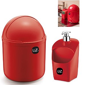 Kit Cozinha Lixeira 4 Litros Tampa Capacete + Dispenser Pia Porta Detergente - Uz - Vermelho