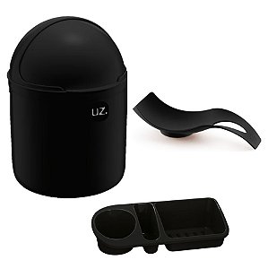 Kit Cozinha Lixeira 4L Tampa Capacete + Organizador Pia Detergente + Apoio Colher - Uz - Preto