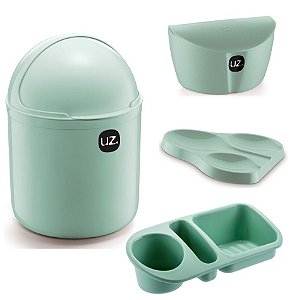 Kit Cozinha Lixeira 4L Capacete + Organizador Pia Detergente + Apoio Colher + Saleiro - Uz - Verde Menta