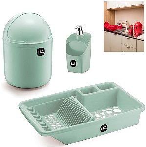 Kit Cozinha Lixeira 4L + Escorredor Louças Pratos + Dispenser Porta Detergente - Uz - Verde Menta