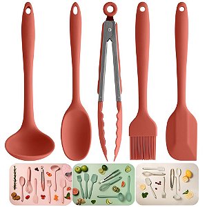 Kit Utensílios Cozinha 5 Pçs Silicone Espátula Pincel Concha Colher Pegador - Ou - Terracota