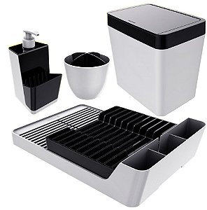 Kit Escorredor De Louças / Talheres + Dispenser Detergente + Lixeira - Branco Crippa - Branco/Preto