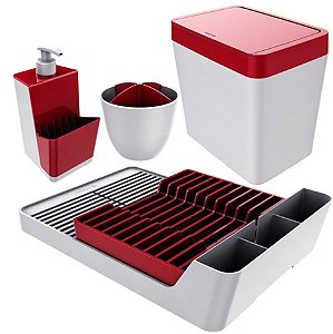 Kit Escorredor De Louças / Talheres + Dispenser Detergente + Lixeira - Branco Crippa - Branco/Vermelho