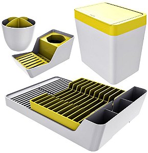 Kit Escorredor De Louças / Talheres + Organizador De Pia + Lixeira - Branco Crippa - Branco/amarelo