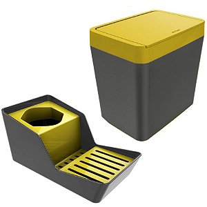Kit Organizador De Pia Detergente Esponja + Lixeira 5 Litros - Chumbo Crippa - Chumbo-Amarelo