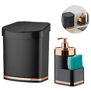 Kit Lixeira 2,5 Litros Com Tampa Dispenser Porta Detergente Esponja Cozinha Preto Rose - Future