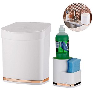 Kit Lixeira 2,5 Litros Com Tampa Organizador Porta Detergente Esponja Cozinha Branco Rose - Future