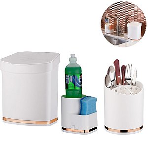 Kit Lixeira 2,5L Escorredor Talheres Organizador Porta Detergente Cozinha Branco Rose - Future