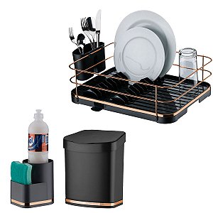 Kit Lixeira 2,5L Escorredor Louça Organizador Porta Detergente Cozinha Preto Rose - Future