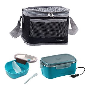 Kit Bolsa Termica 5 Litros + Marmita Elétrica + Saladeira Lanche Bebidas - Soprano - Azul