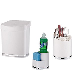Kit Lixeira 2,5L Escorredor Talheres Organizador Porta Detergente Cozinha Cromado - Future