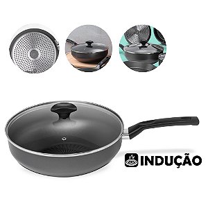 Frigideira Wok Fogão Indução Alumínio Antiaderente Ø28cm Tampa Vidro Baquelite Cozinha - 88228 Multiflon - Chumbo