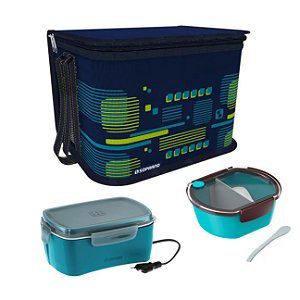 Kit Bolsa Térmica 9,5 L + Marmita Elétrica + Saladeira Refeição - Soprano - Bolsa Azul