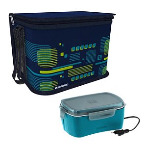 Kit Bolsa Térmica Cooler 9,5 Litros + Marmita Elétrica Lanche Bebidas - Soprano - Bolsa Azul + Marmita Azul