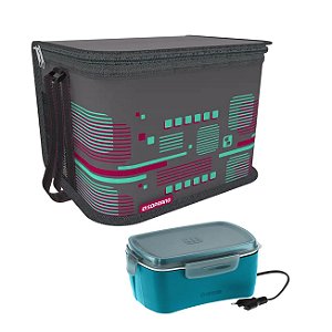 Kit Bolsa Térmica Cooler 9,5 Litros + Marmita Elétrica Lanche Bebidas - Soprano - Bolsa Rosa + Marmita Azul