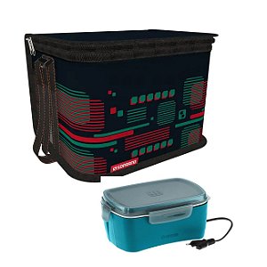 Kit Bolsa Térmica Cooler 9,5 Litros + Marmita Elétrica Lanche Bebidas - Soprano - Bolsa Vermelha + Marmita Azul