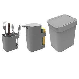 Kit Cozinha Dispenser Porta Detergente + Lixeira 2,5L + Suporte Talheres - Soprano - Cinza