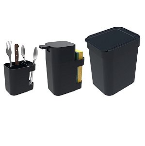 Kit Cozinha Dispenser Porta Detergente + Lixeira 2,5L + Suporte Talheres - Soprano - Preto