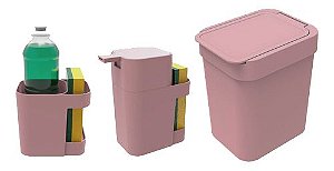 Kit Cozinha Dispenser Porta Detergente + Lixeira 2,5L + Suporte Talheres - Soprano - Rosa