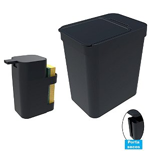 Kit Cozinha Dispenser Porta Detergente + Lixeira 5 Litros Porta Saco Plástico - Soprano - Preto