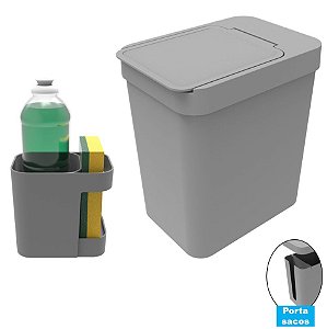 Kit Cozinha Organizador Pia Porta Detergente + Lixeira 5 Litros Porta Saco Plástico - Soprano - Cinza