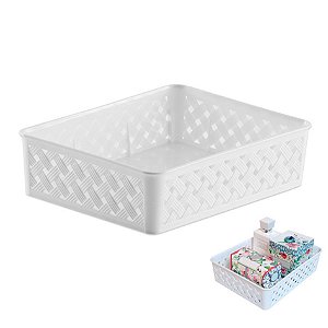 Cesto Organizador Gaveta Rattan Plástico Multiuso Quarto Armário 24x19x6,5cm - 823 Paramount - Branco