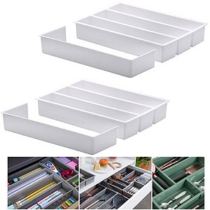 Kit 2 Organizador De Gaveta Porta Utensílios Talheres Com Extensor 35x25x6,5cm - Paramount - Branco