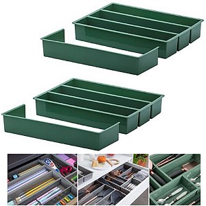 Kit 2 Organizador De Gaveta Porta Utensílios Talheres Com Extensor 35x25x6,5cm - Paramount - Verde