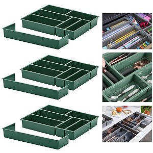 Kit 3 Organizador De Gaveta Divisor Porta Talheres Com Extensor 40x33x6,5cm - Paramount - Verde