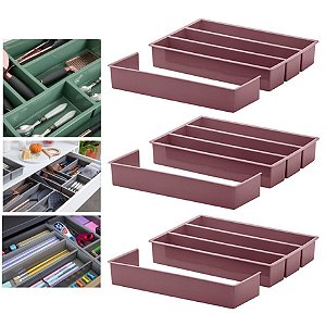 KIT 3 Organizador Divisor Gaveta Porta Utensílio Talheres Extensor 35x25x6,5cm - Paramount - Rosa