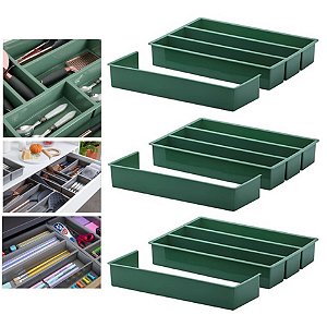 KIT 3 Organizador Divisor Gaveta Porta Utensílio Talheres Extensor 35x25x6,5cm - Paramount - Verde