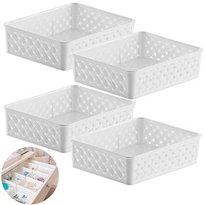 Kit 4 Cesto Organizador Gaveta Multiuso Plástico 24x19x6,5cm Rattan - 823 Paramount - Branco