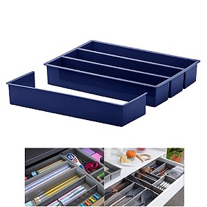 Organizador Divisor Gaveta Porta Utensílios Talheres Extensor 35x25x6,5cm - Paramount - Azul Marinho